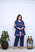 Cotton   Short Cord-Set With Embroidery Detailing On Top Paired With Plain Paint Perfect For Any Occasion