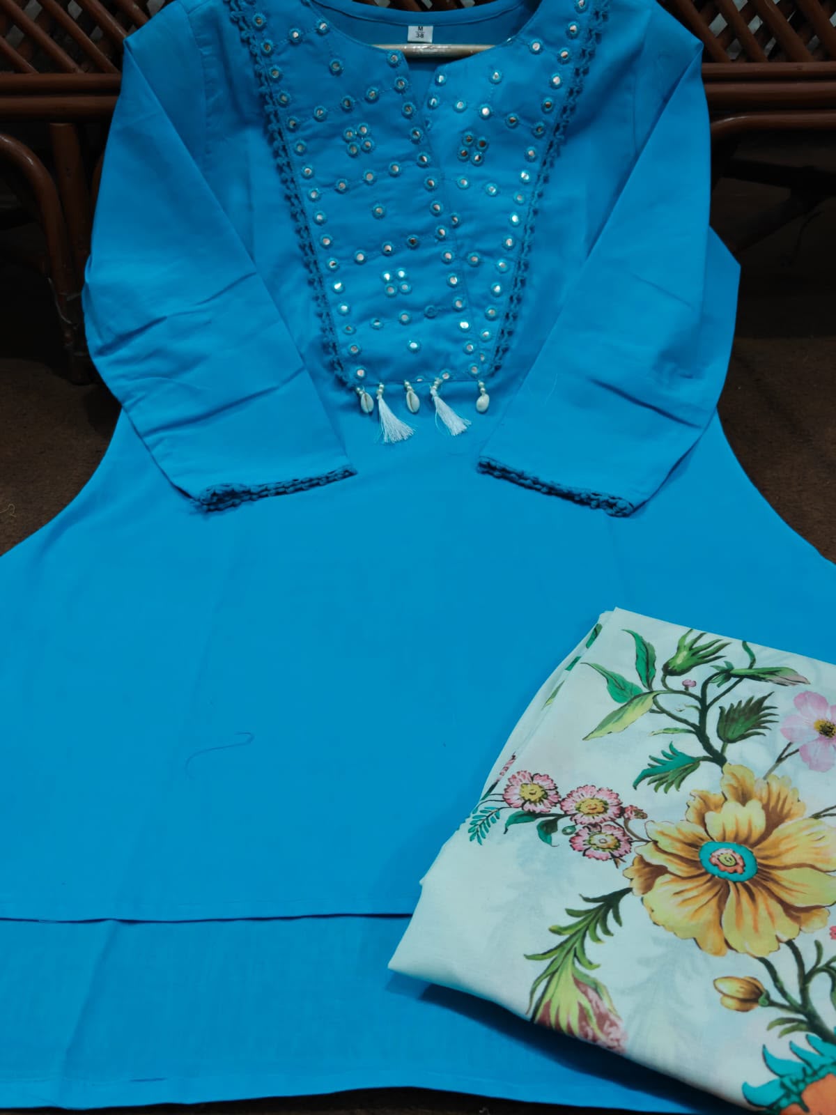 Cotton Cord Set With Mirror Work On Neck Paired With Flower Print Botton