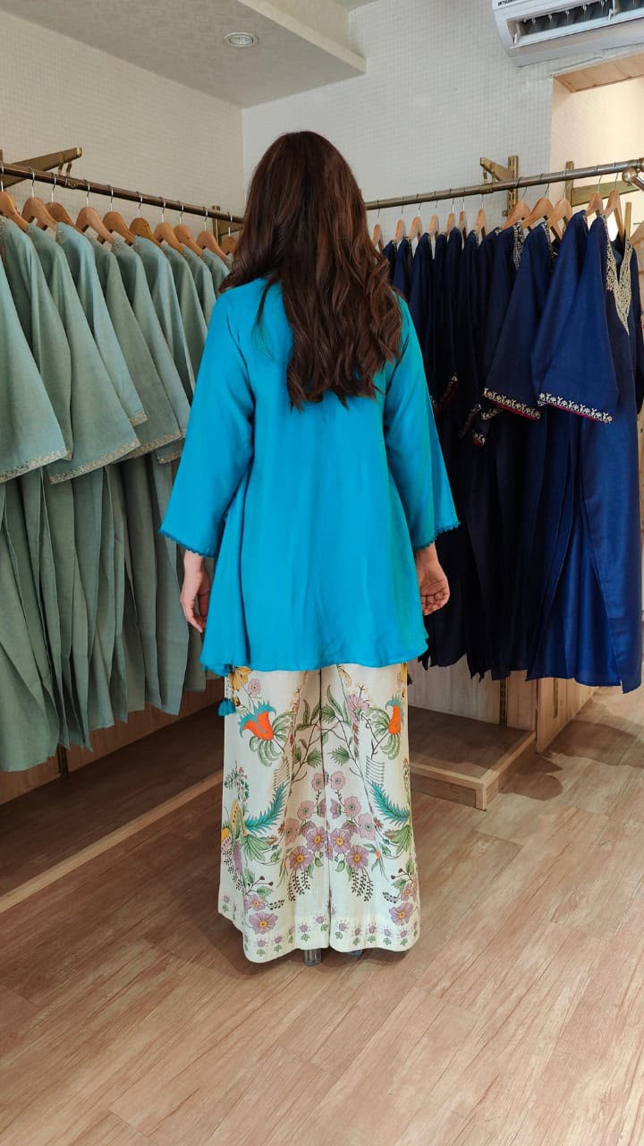Cotton Cord Set With Mirror Work On Neck Paired With Flower Print Botton