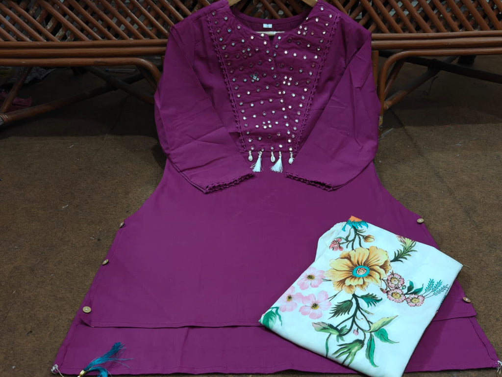 Cotton Cord Set With Mirror Work On Neck Paired With Flower Print Botton