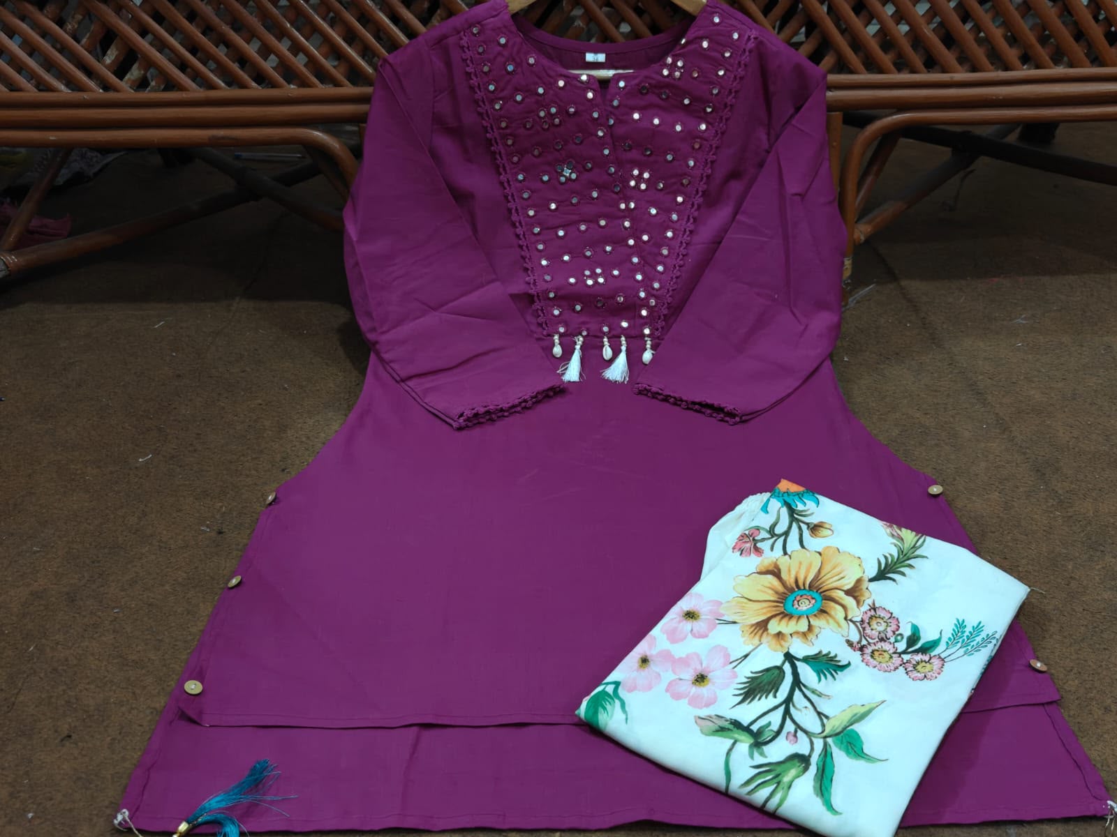 Cotton Cord Set With Mirror Work On Neck Paired With Flower Print Botton