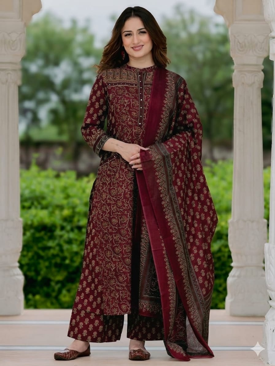 Suit Set In Ajrak Print Available In Dark Green And Red Color