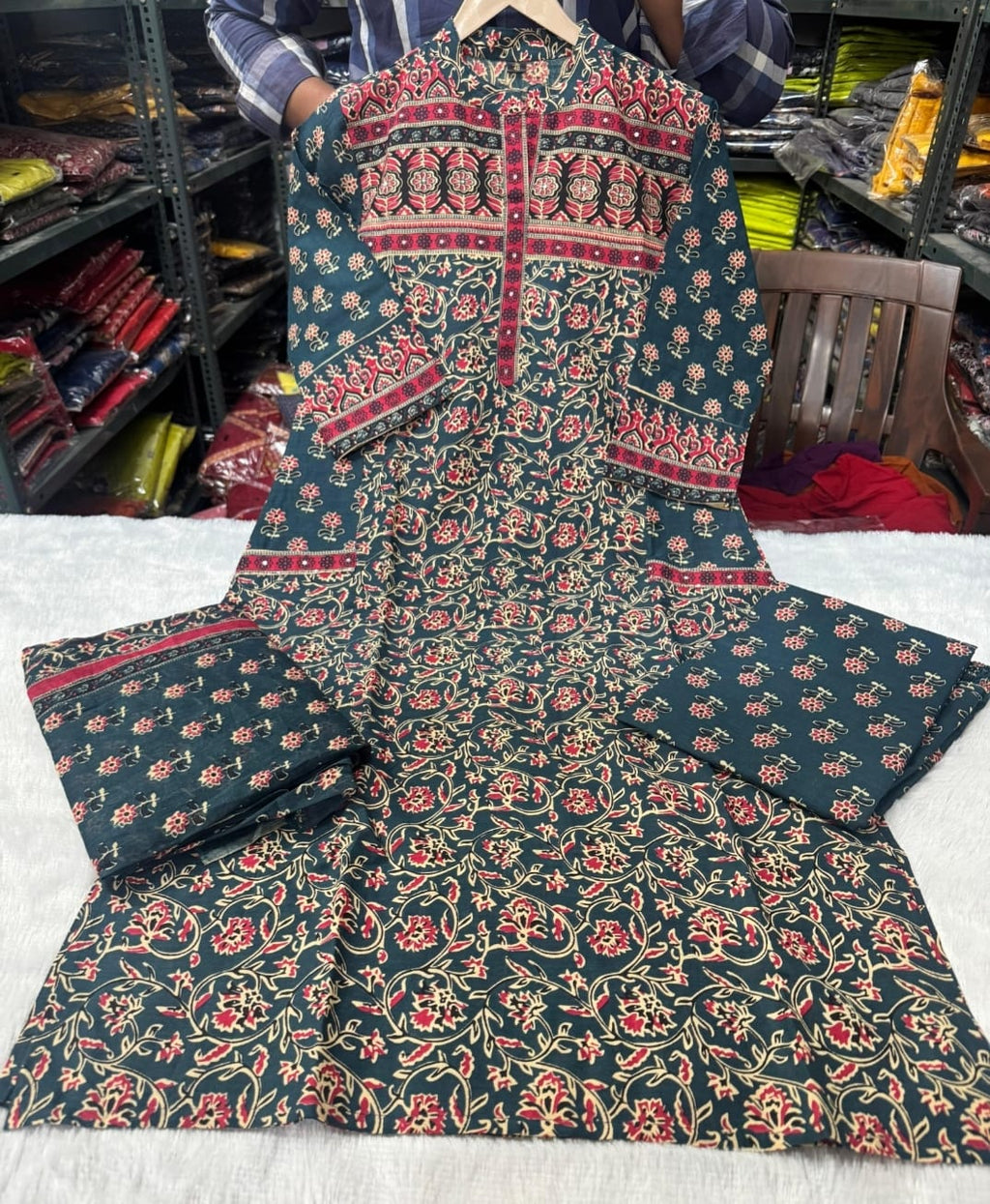 Suit Set In Ajrak Print Available In Dark Green And Red Color