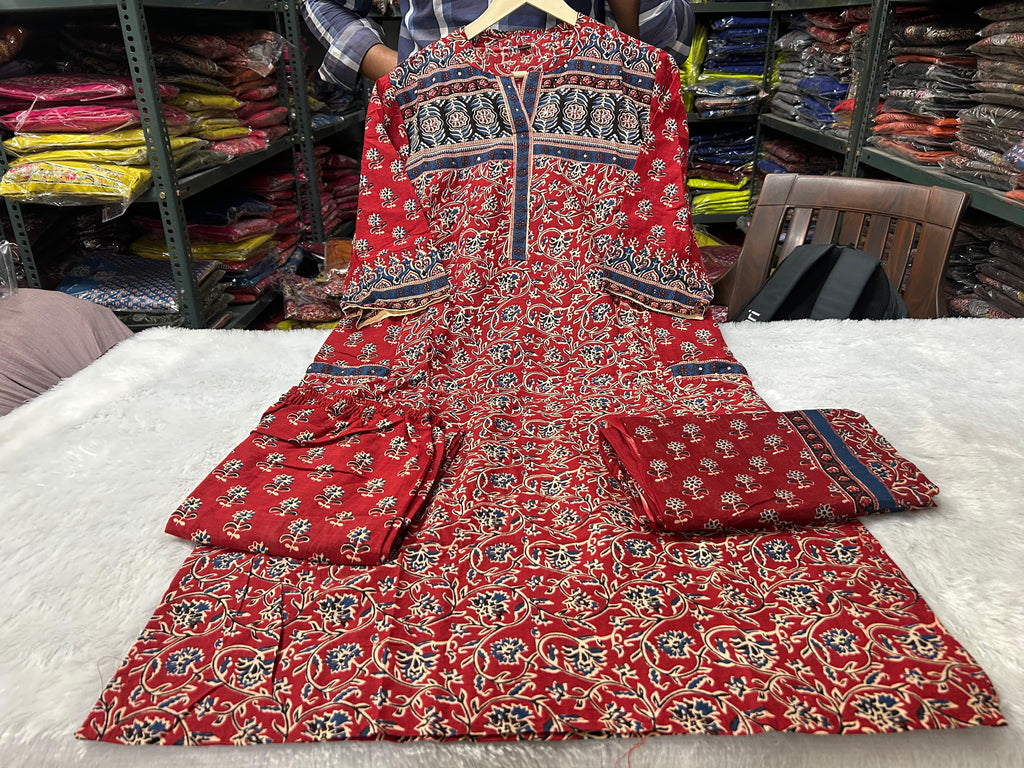 Suit Set In Ajrak Print Available In Dark Green And Red Color