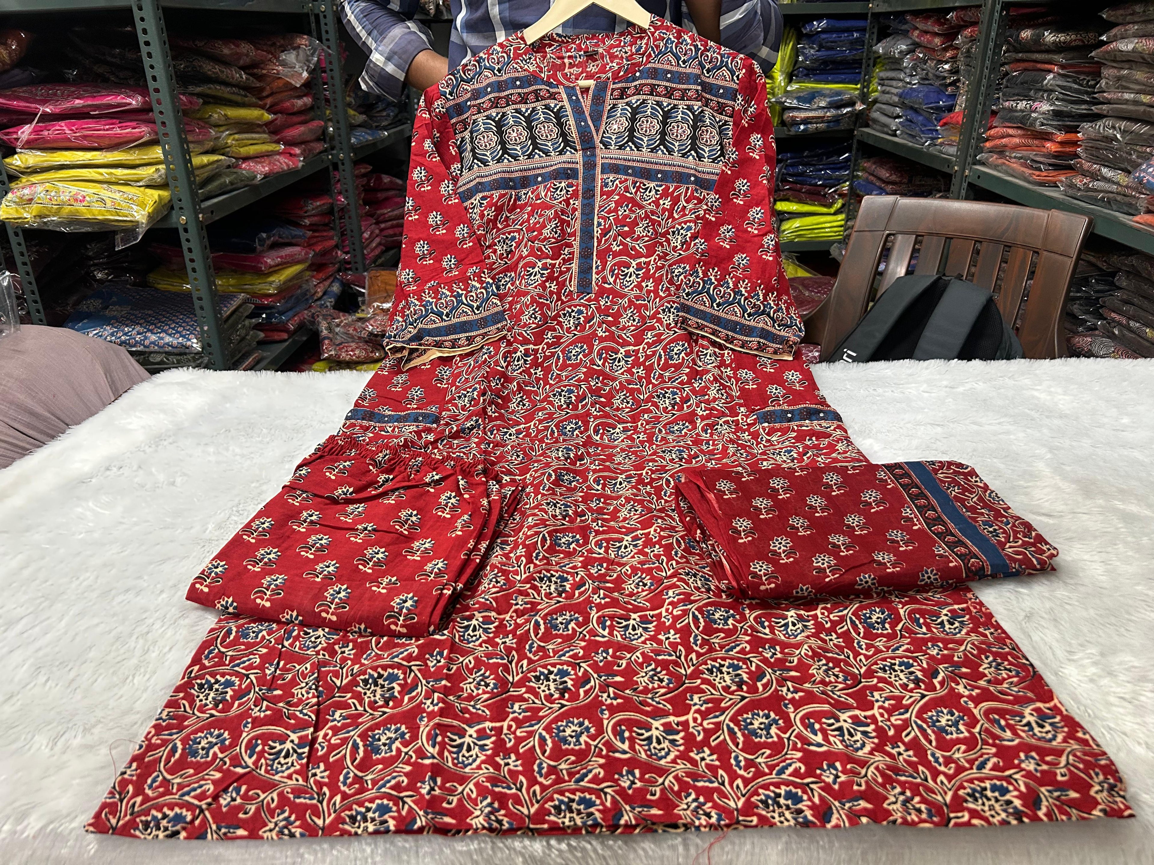 Suit Set In Ajrak Print Available In Dark Green And Red Color
