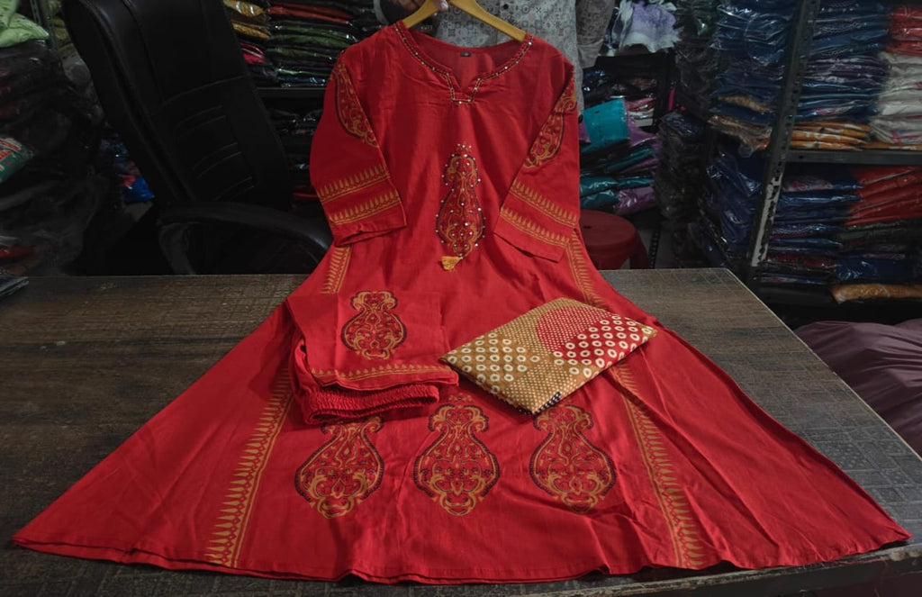 Suit in A Line pattern with hand work details on kurti available in two colors rust red and mustard yellow color