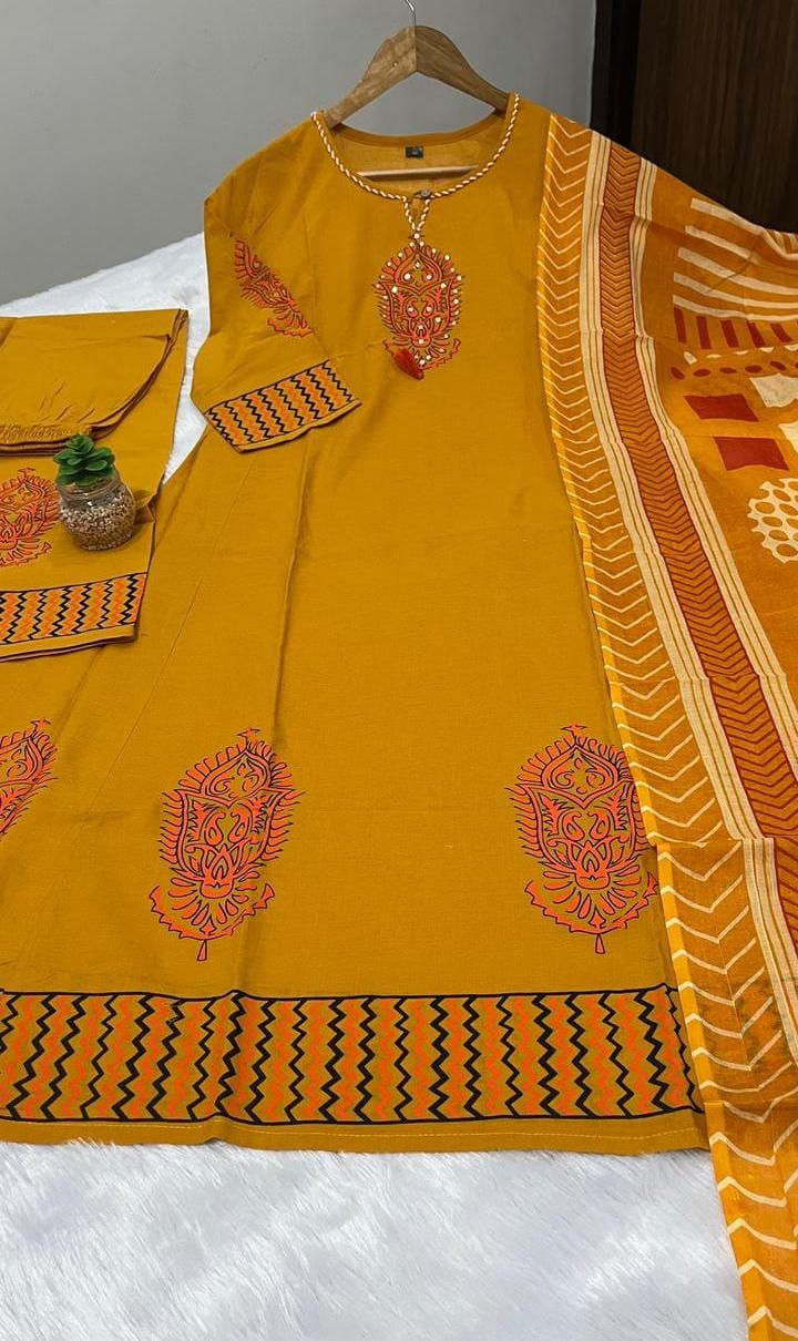 Suit in A Line pattern with hand work details on kurti available in two colors rust red and mustard yellow color