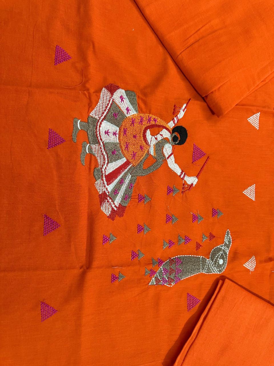 Cotton suit in different figure embroidery touch available in orange and mustard color