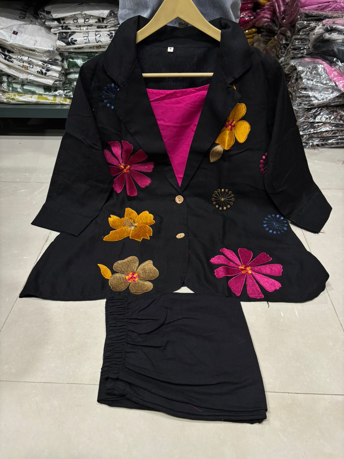 Cotton flex cord set with heavy embroidery  on jacket and inner in pink color