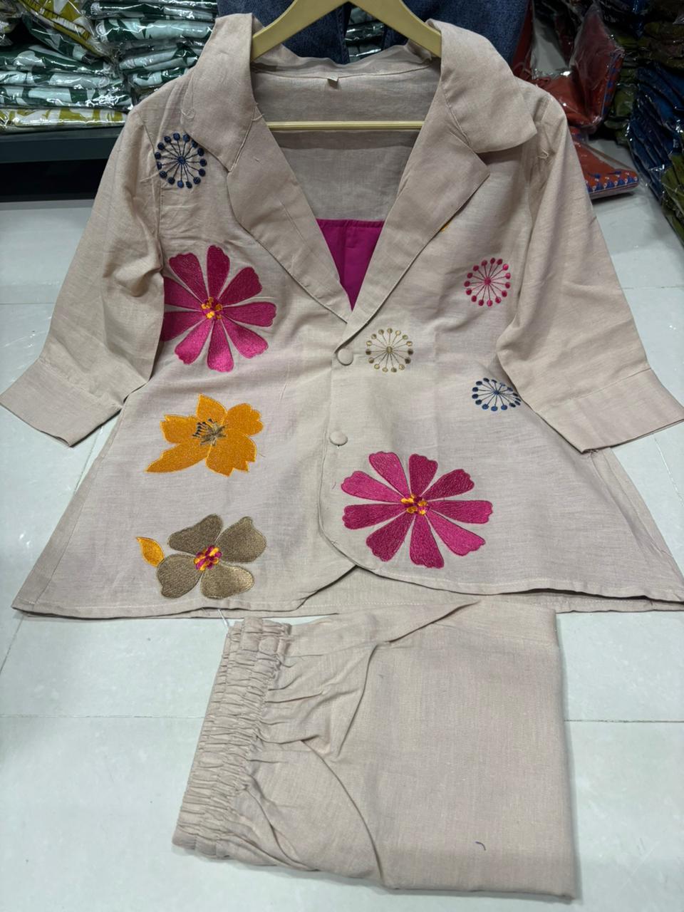 Cotton flex cord set with heavy embroidery  on jacket and inner in pink color
