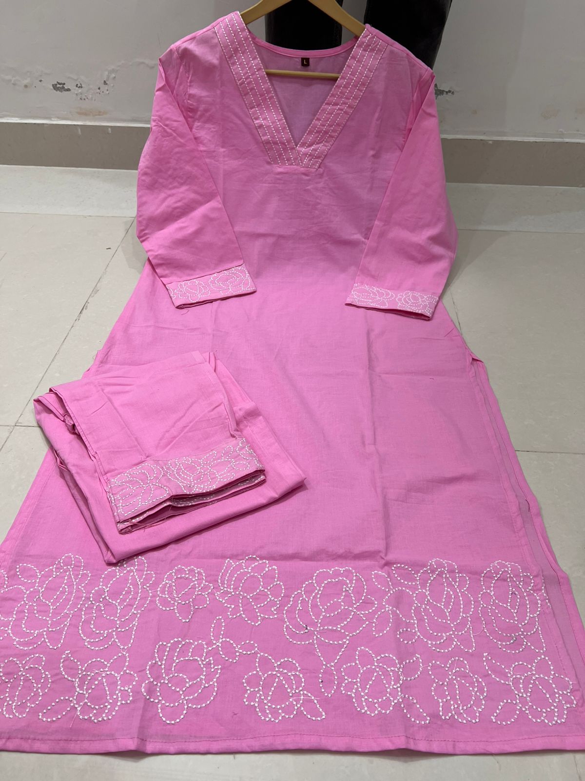 Cord set in V neck  in yellow , black , and pink color